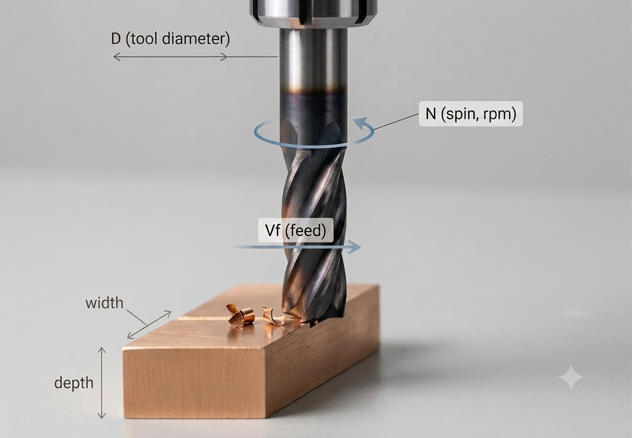 Diagram illustrating key CNC milling parameters including tool diameter, spindle spin rate, feed speed, cut width, and depth