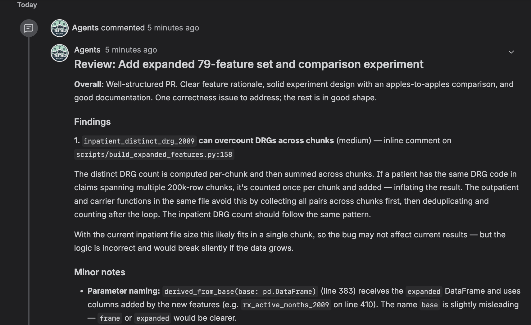 The code reviewer agent's review comment on a Bitbucket pull request: overall verdict, a finding cited by file and line with severity, and minor notes