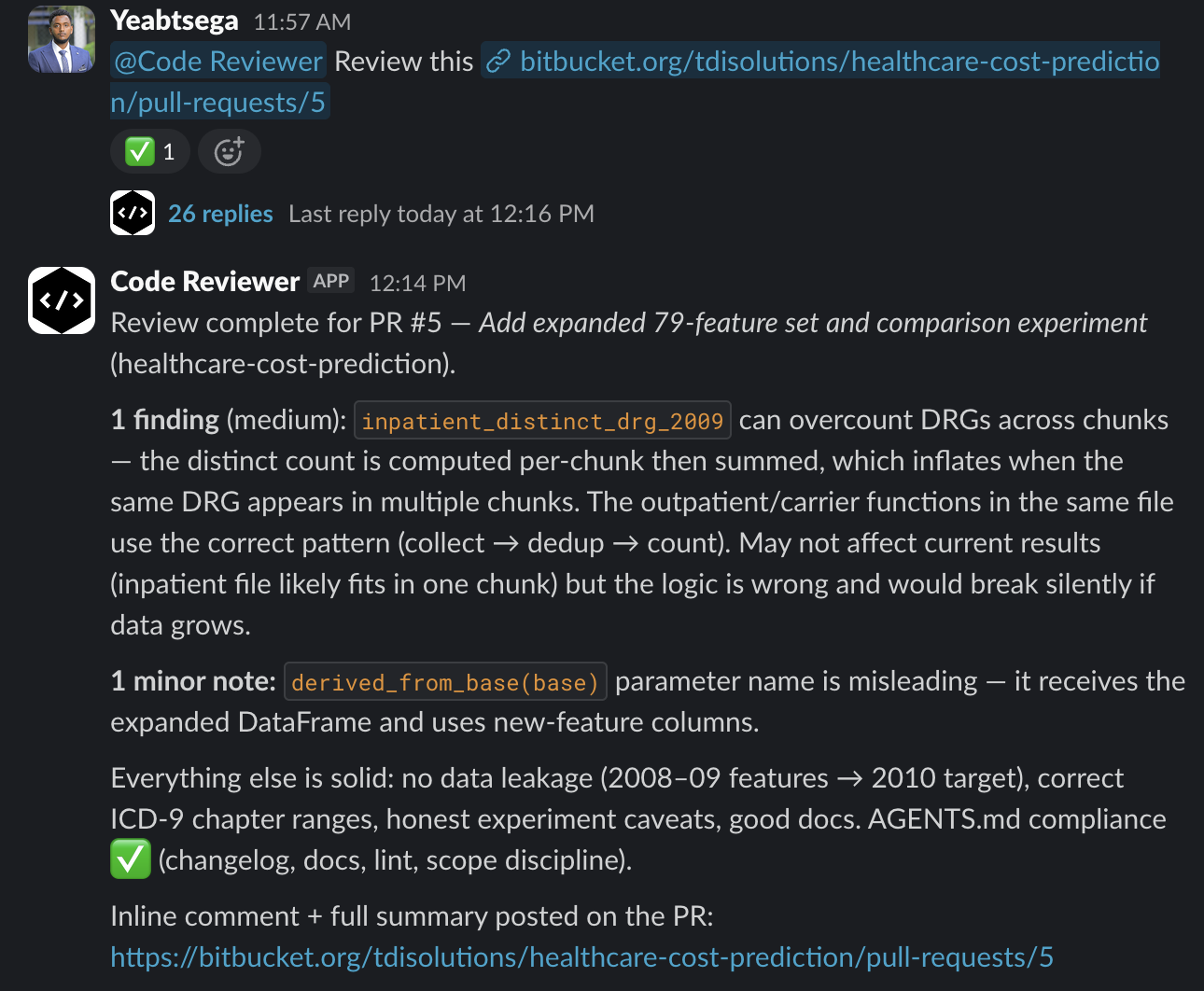 The agent's structured review summary in a Slack thread: total findings, severity buckets, and a one-line verdict