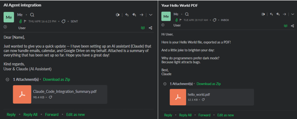 Example emails with report attachments, all generated by an agent