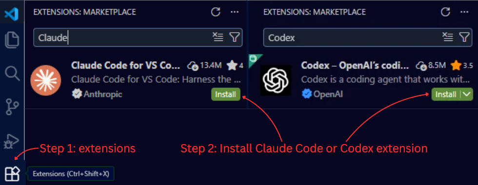 Installing Claude Code or Codex extension in VS Code